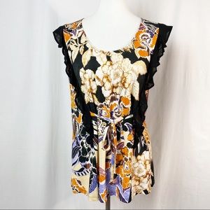 Just Cavalli Black Ruffle Floral Tie Front Top Med